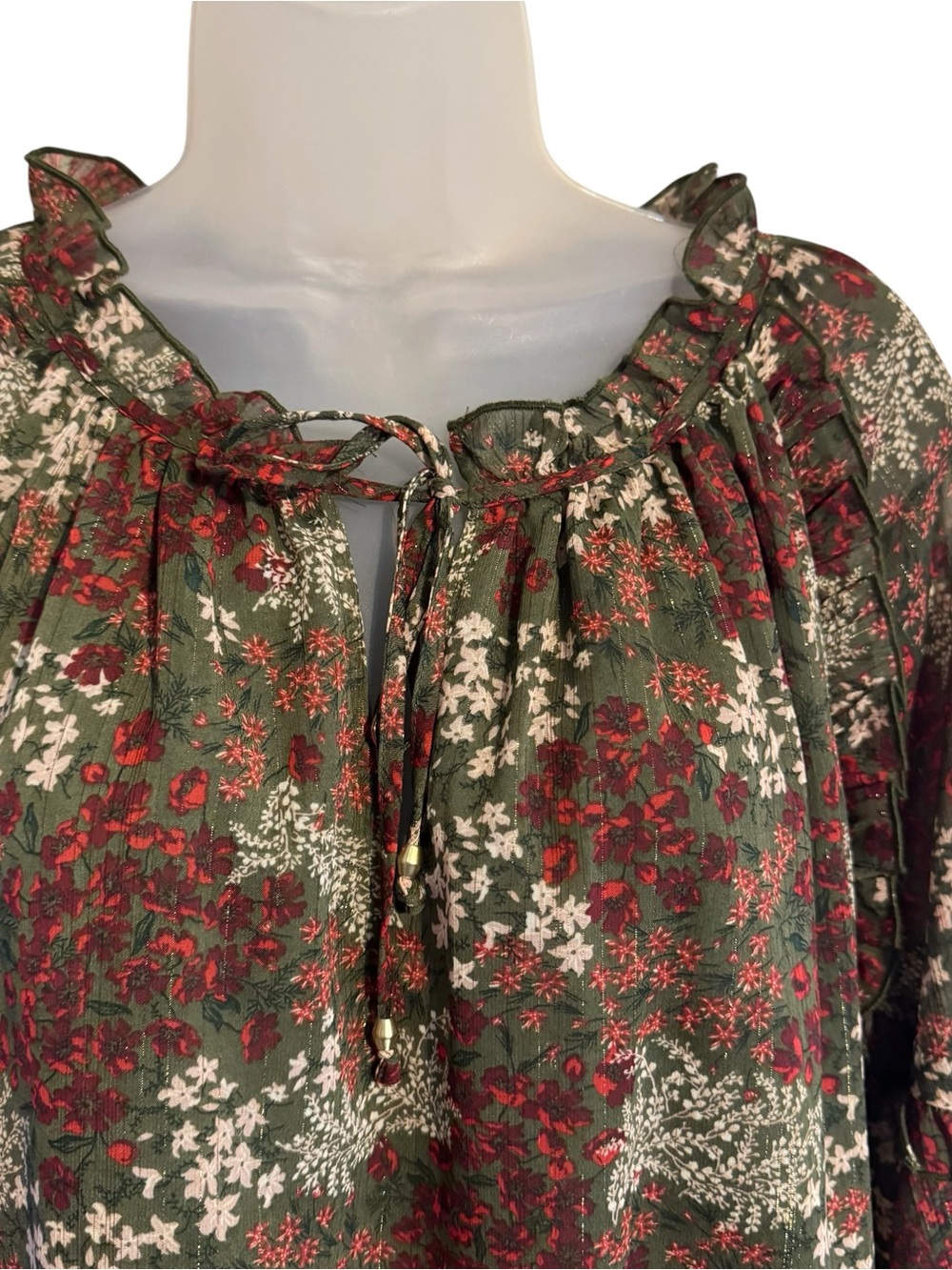 GORGEOUS Olive Floral Tie-Neck Peasant Blouse FALL!!! LARGE #W - Picture 2 of 11